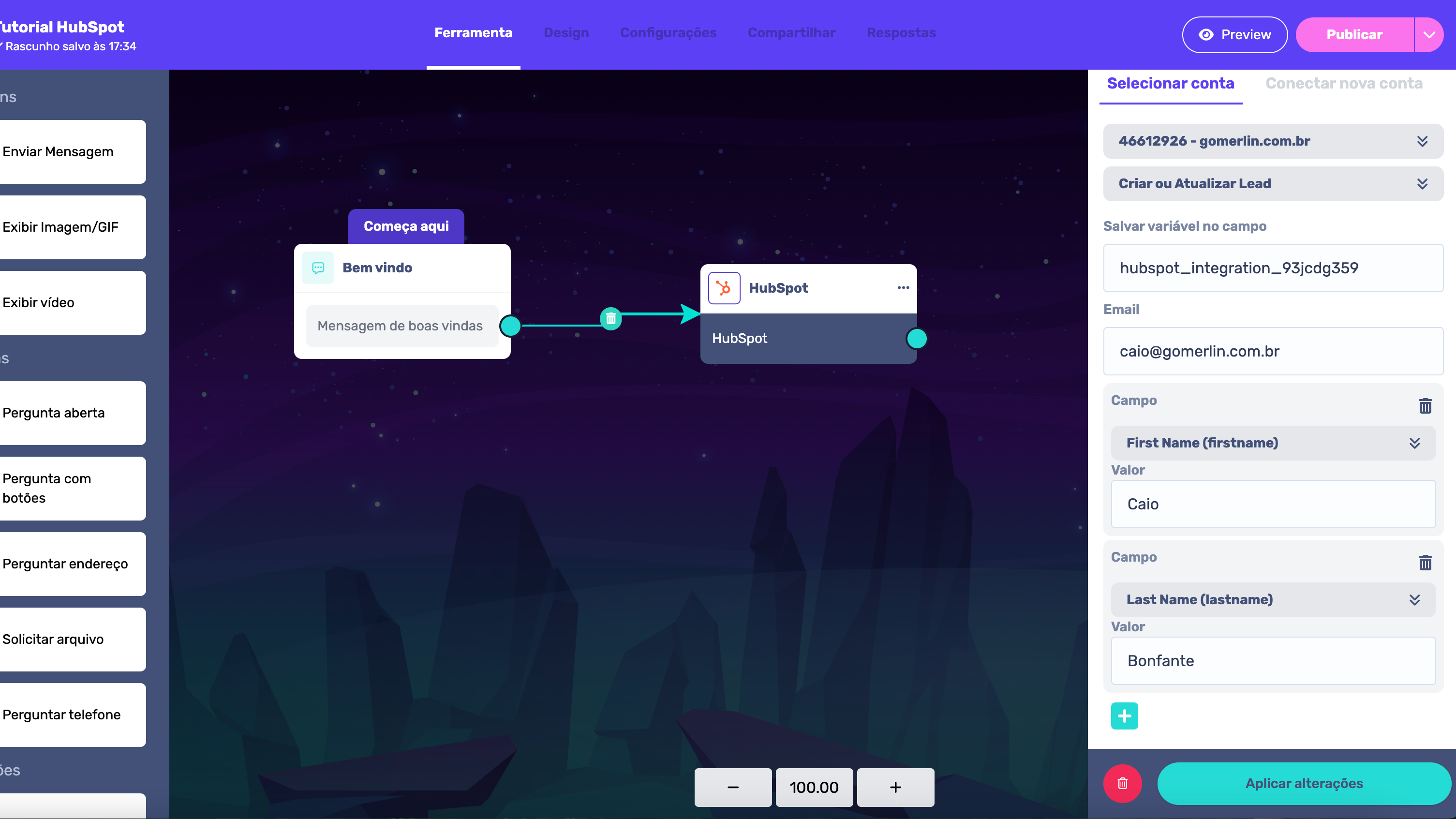 Crie ou atualize um contato no HubSpot.